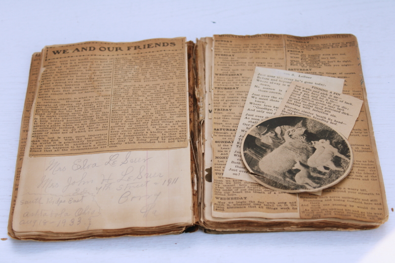 worn old leather bound book turned scrapbook, inspirational Morning Thoughts newspaper clippings