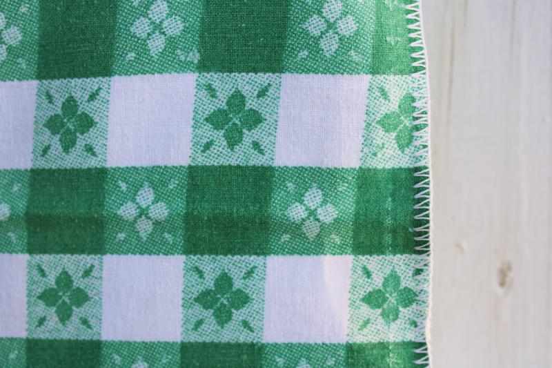 worn soft vintage cotton feedsack fabric, faded print, jade green checked tablecloth