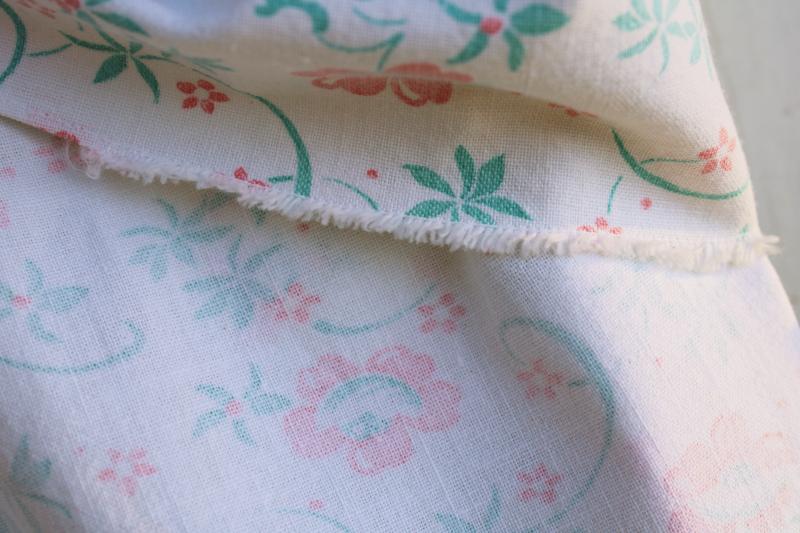 worn soft vintage cotton feedsack fabric, faded print, pink & green flowers