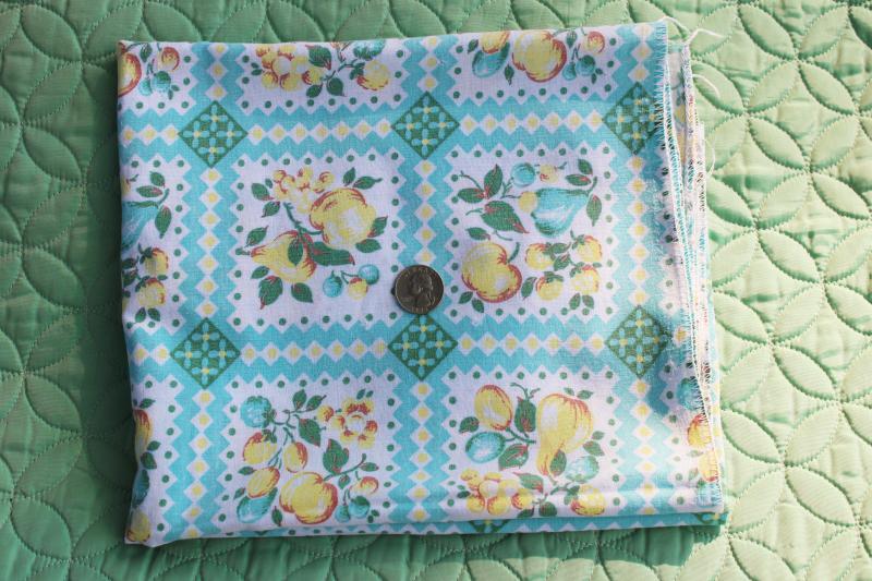 worn soft vintage cotton feedsack fabric, faded print, turquoise & yellow fruit