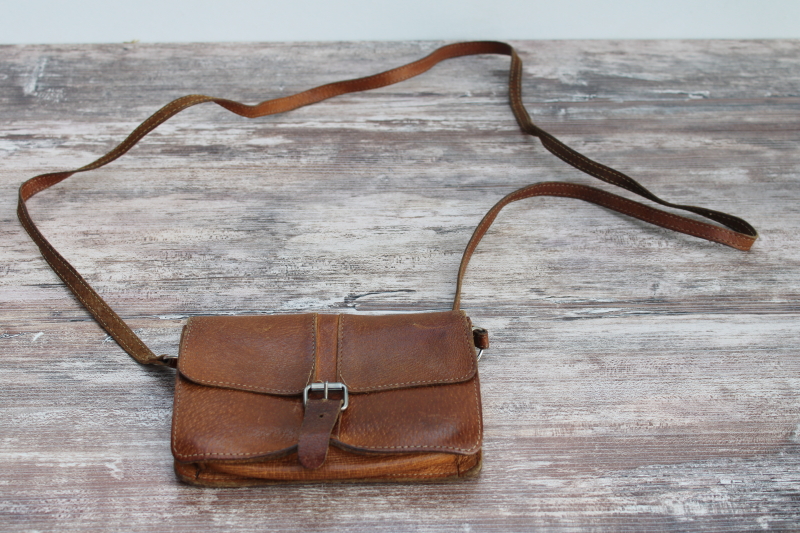 worn vintage pigskin leather pouch, purse, tool bag or equipment case w/ long shoulder strap