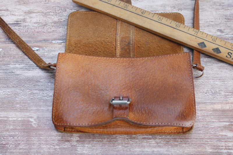 worn vintage pigskin leather pouch, purse, tool bag or equipment case w/ long shoulder strap