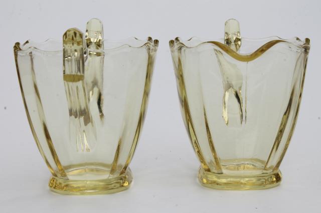 yellow amber depression glass cream & sugar set, vintage Paden City plain glass without etch 