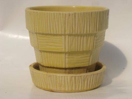 yellow basketweave vintage McCoy pottery planter, flower pot w/ saucer