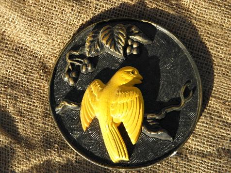 yellow canary on black, 60s vintage signed Miller chalkware wall plaque