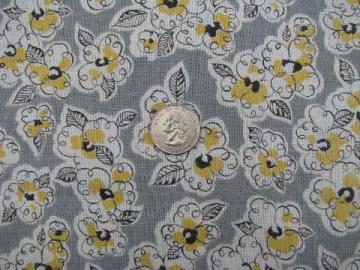 yellow flowers on grey, vintage 1930's cotton feedsack fabric