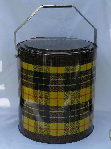 yellow tartan plaid picnic thermos jug picnic cooler, 1950s vintage tartanware