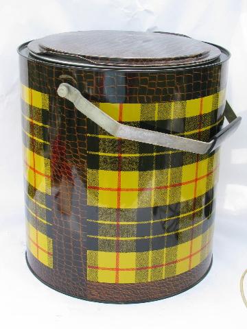 yellow tartan plaid picnic thermos jug picnic cooler, 1950s vintage tartanware