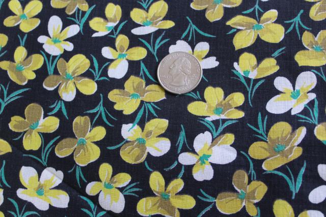 yellow violets flowers on black cotton print fabric, vintage 40s 50s