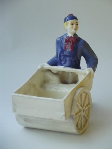 young man w/ pushcart flower planter, vintage California studio pottery
