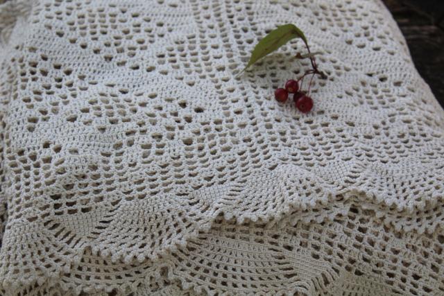 zigzag pattern vintage crochet lace, handmade heavy cotton lace tablecloth or throw