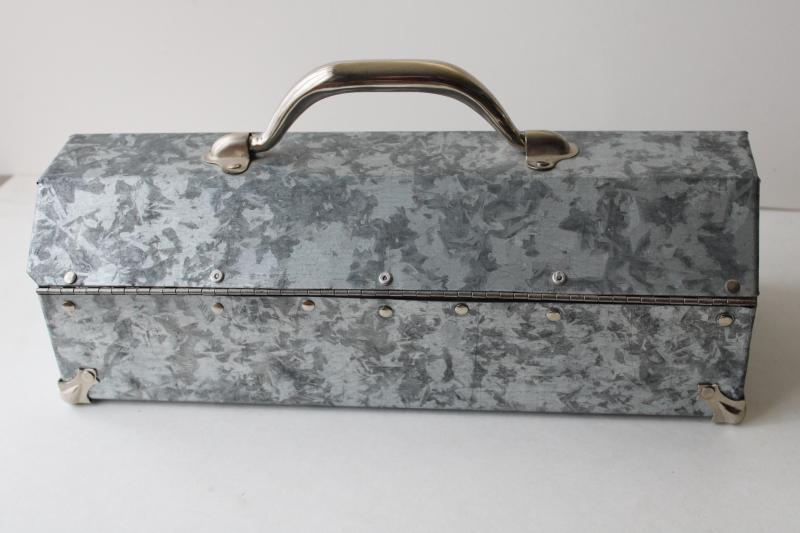 zinc grey galvanized steel toolbox, vintage industrial tool box tote