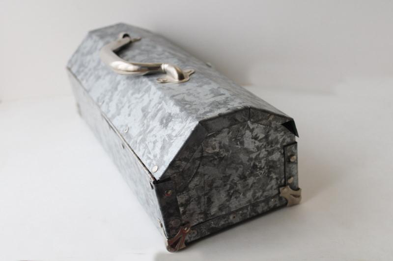 zinc grey galvanized steel toolbox, vintage industrial tool box tote