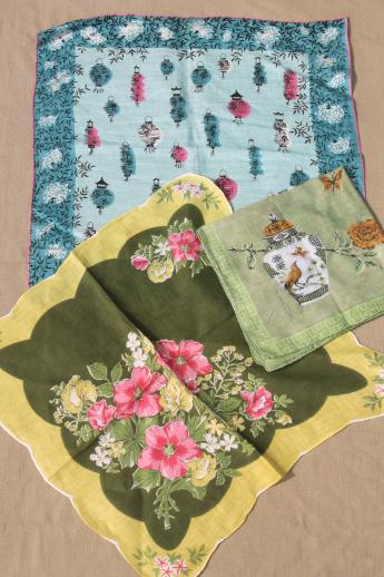 photo of  1950s 60s vintage flower print hankies, lot of 25 printed cotton handkerchiefs #1