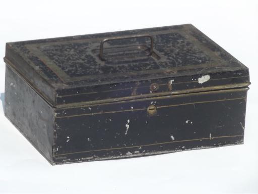 photo of antique vintage tin document box, toleware deed box w/ worn original paint #1