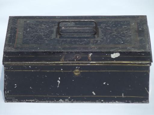 photo of antique vintage tin document box, toleware deed box w/ worn original paint #2