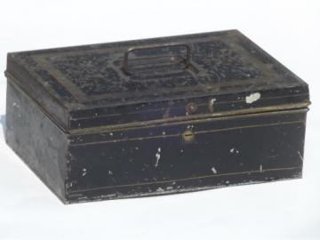 catalog photo of antique vintage tin document box, toleware deed box w/ worn original paint