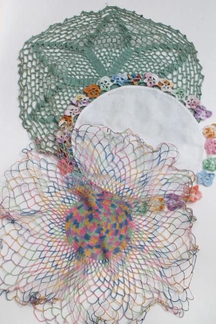 photo of  cotton lace crochet doilies lot, vintage pansies flower doily, rainbow thread doily #1