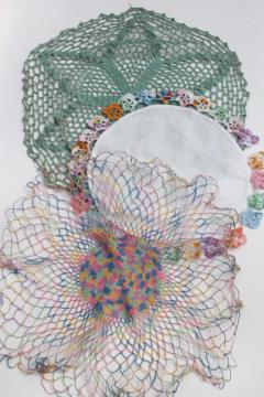 catalog photo of  cotton lace crochet doilies lot, vintage pansies flower doily, rainbow thread doily