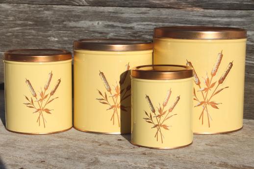 photo of mid-century vintage Decoware kitchen canisters w/ copper cattails print, retro canister set #3