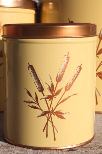 photo of mid-century vintage Decoware kitchen canisters w/ copper cattails print, retro canister set #4