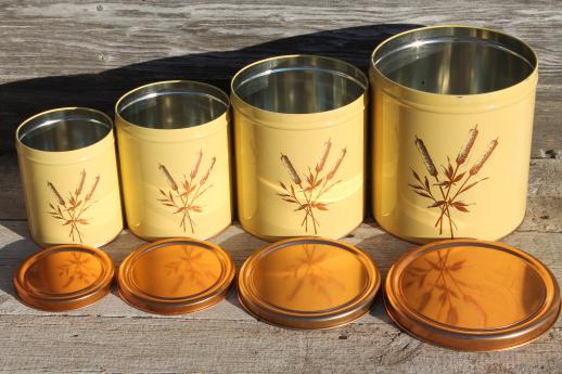 photo of mid-century vintage Decoware kitchen canisters w/ copper cattails print, retro canister set #5