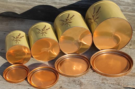 photo of mid-century vintage Decoware kitchen canisters w/ copper cattails print, retro canister set #7