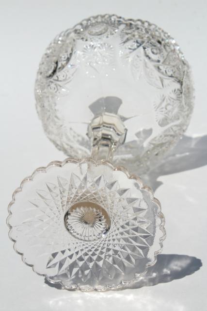 photo of  tall fruit stand compote or candy dish, vintage whirling star pressed pattern glass #6