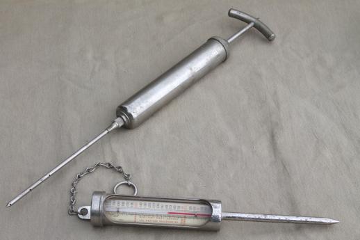 photo of vintage Morton Salt meat pump brine or marinade injector & curing thermometer, meat curing equipment #1