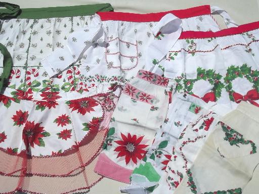 photo of  vintage kitchen aprons, Christmas print cotton fabric half apron lot #1