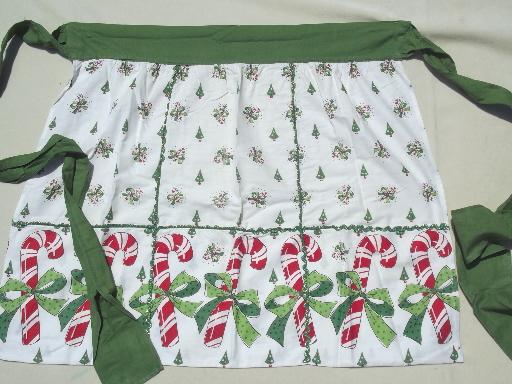 photo of  vintage kitchen aprons, Christmas print cotton fabric half apron lot #2