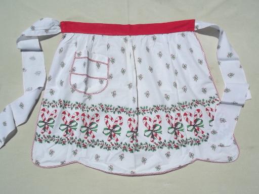 photo of  vintage kitchen aprons, Christmas print cotton fabric half apron lot #3