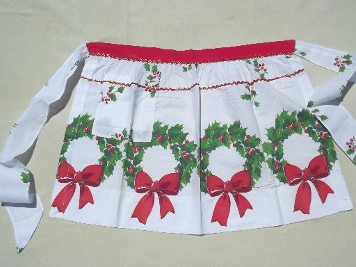 photo of  vintage kitchen aprons, Christmas print cotton fabric half apron lot #4