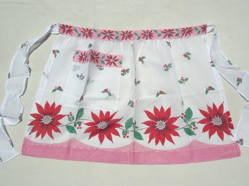 photo of  vintage kitchen aprons, Christmas print cotton fabric half apron lot #6