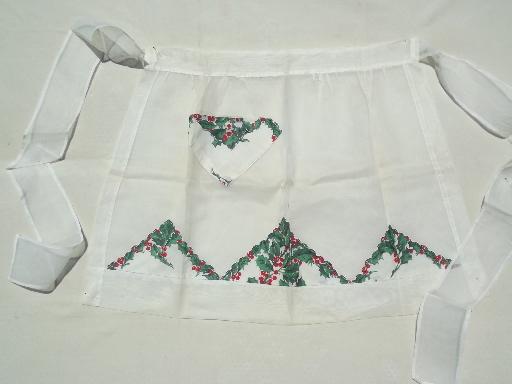 photo of  vintage kitchen aprons, Christmas print cotton fabric half apron lot #9