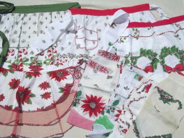 catalog photo of  vintage kitchen aprons, Christmas print cotton fabric half apron lot