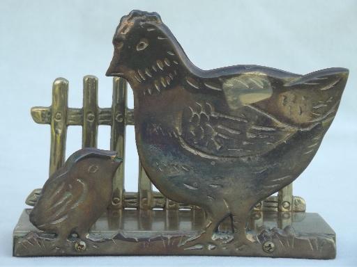 photo of vintage napkin holder w/ chickens, solid brass kitchen napkin holder  #2