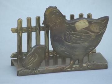 catalog photo of vintage napkin holder w/ chickens, solid brass kitchen napkin holder 