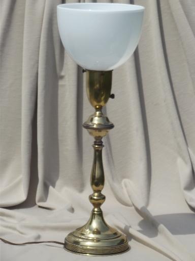 photo of 0s 50s vintage Rembrandt brass table lamp w/ white glass torchiere shade #1