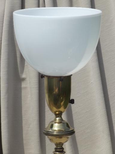 photo of 0s 50s vintage Rembrandt brass table lamp w/ white glass torchiere shade #3