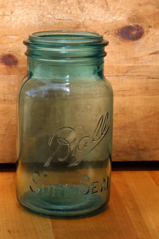 photo of #1 embossed Ball Sure Seal Mason jar, antique vintage aqua blue canning jar #1