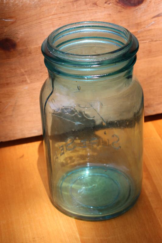 photo of #1 embossed Ball Sure Seal Mason jar, antique vintage aqua blue canning jar #5