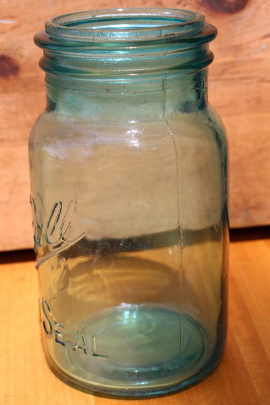 photo of #1 embossed Ball Sure Seal Mason jar, antique vintage aqua blue canning jar #6