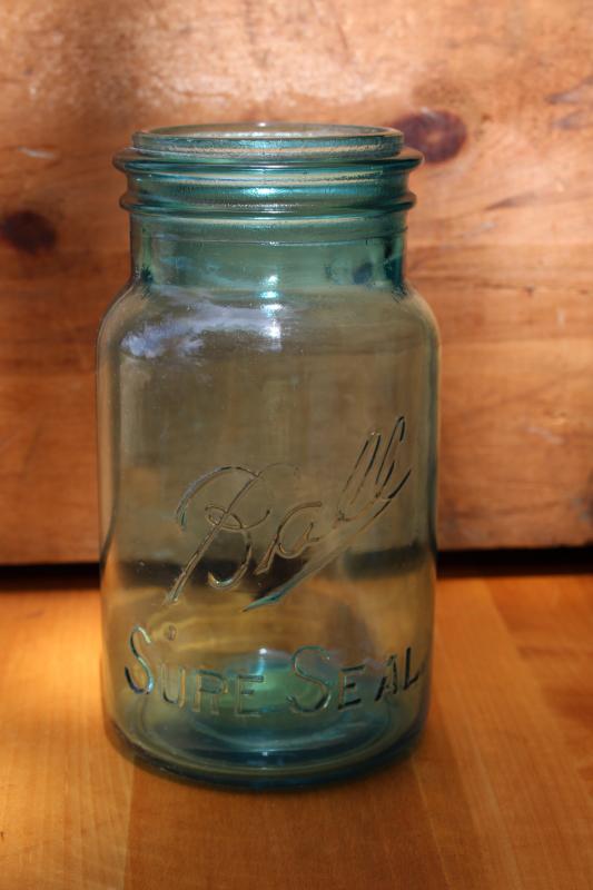 photo of #1 embossed Ball Sure Seal Mason jar, antique vintage aqua blue canning jar #7