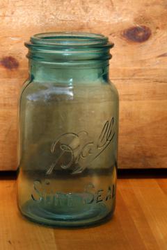 #1 embossed Ball Sure Seal Mason jar, antique vintage aqua blue canning jar