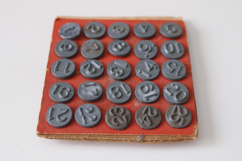 photo of 1 though 25 numbered tacks metal w/ embossed numbers, vintage window markers great old patina  #1
