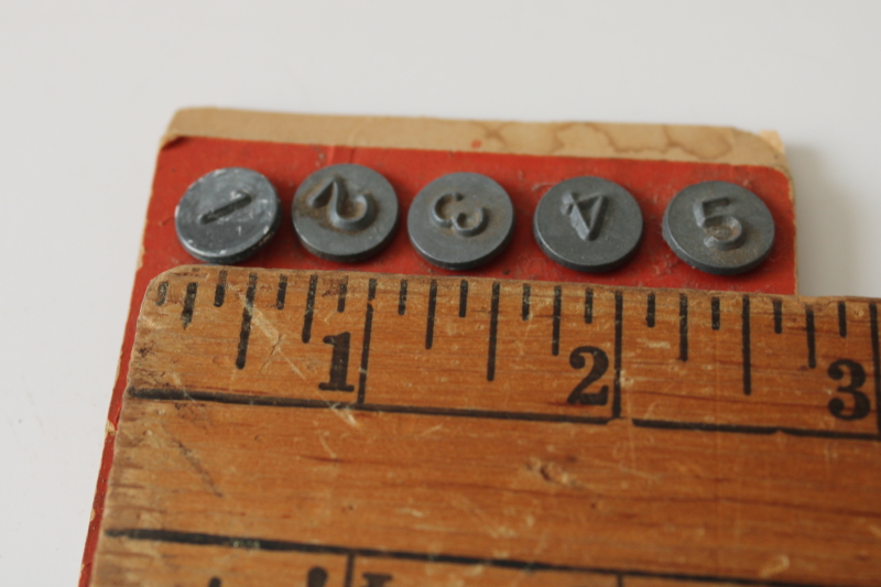 photo of 1 though 25 numbered tacks metal w/ embossed numbers, vintage window markers great old patina  #2