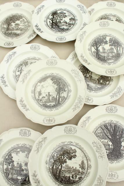 photo of 10 Wedgwood china dinner plates, black transferware scenes of Williamsburg #1