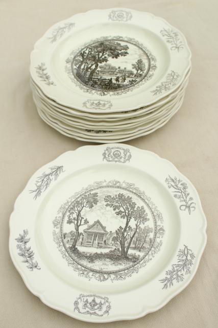 photo of 10 Wedgwood china dinner plates, black transferware scenes of Williamsburg #7