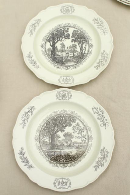 photo of 10 Wedgwood china dinner plates, black transferware scenes of Williamsburg #12